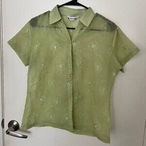 Y2K Womens Short Sleeve Button Down Green Sheer
